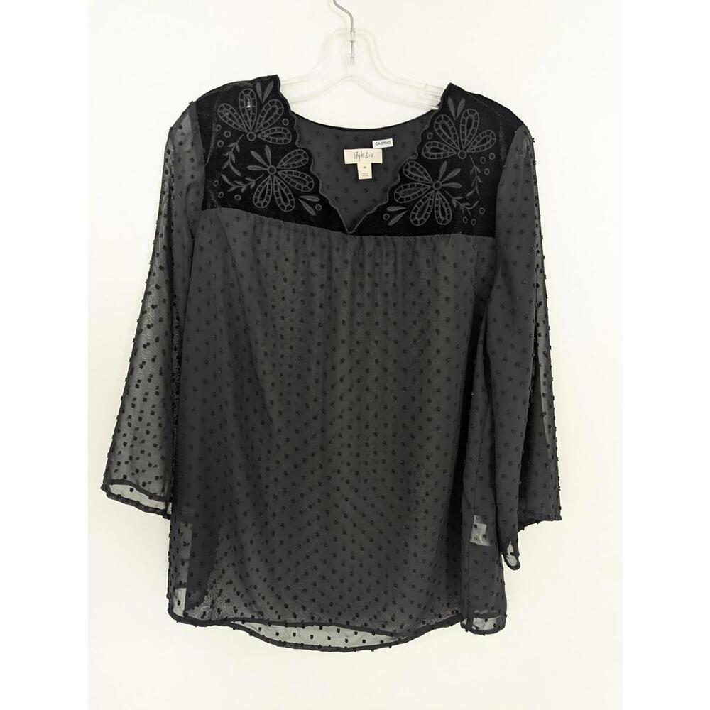 Style & Co Women's Clip Dot Sheer Blouse Velvet Black Size 0X Whimsigoth
